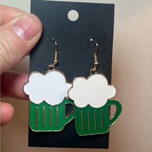 St. Patrick’s Day Earrings Shamrock & Beer Mug Green Gold Tone Set (2 pair)